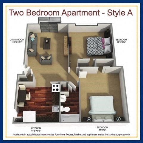 Floor plan for 2 beds, 1 bath, 810 sqft
