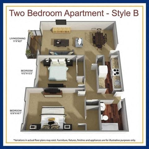 Floor plan for 2 beds, 1 bath, 910 sqft