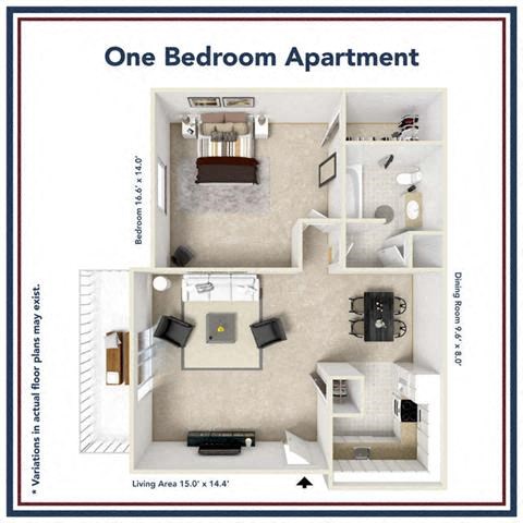 Floor plan for 1 bed, 1 bath, 750 sqft