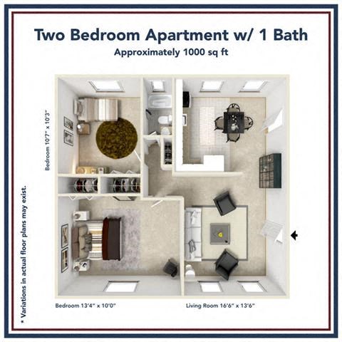 Floor plan for 2 beds, 1 bath, 1000 sqft