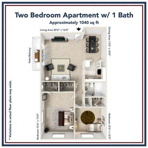 Floor plan for 2 beds, 1 bath, 1040 sqft