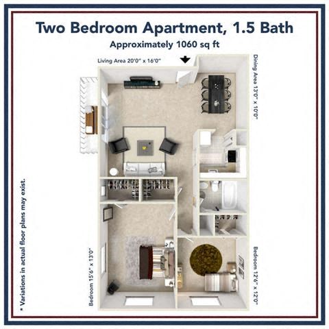 Floor plan for 2 beds, 1.5 baths, 1060 sqft