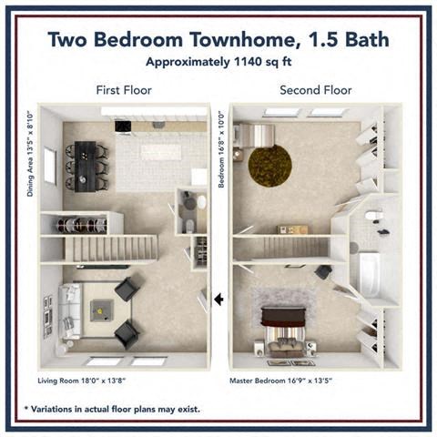 Floor plan for 2 beds, 1.5 baths, 1140 sqft