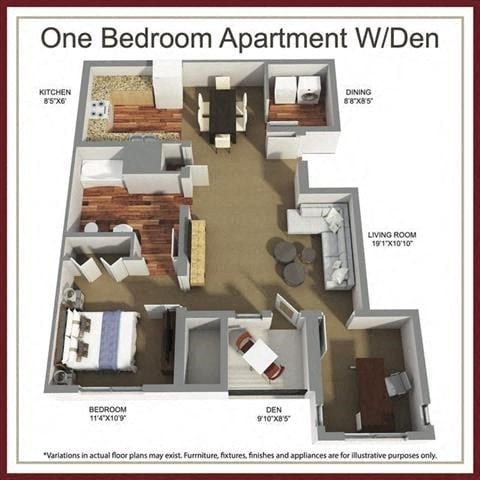 Floor plan for 1 bed, 1 bath, 739 sqft