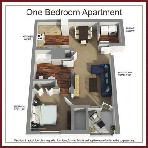 Floor plan for 1 bed, 1 bath, 604 sqft