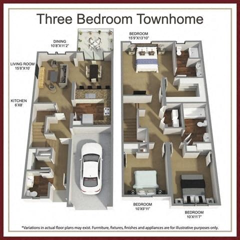 Floor plan for 3 beds, 2.5 baths, 1195 sqft