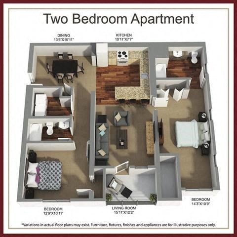 Floor plan for 2 beds, 2 baths, 939 sqft