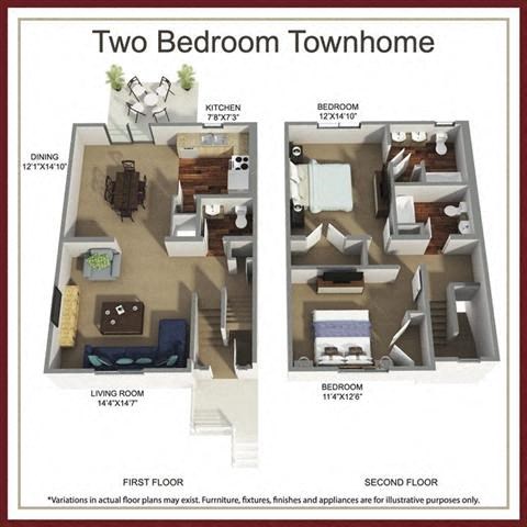 Floor plan for 2 beds, 2.5 baths, 1121 sqft