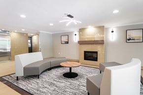 London apartment for rent - A modern living room with a fireplace and grey couches  at Platts Crossing, London, ON, N6H 4P4