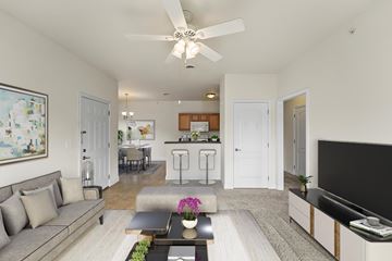 Carbondale apartment for rent - A living room with a grey sofa, a black coffee table, and a painting on the wall.