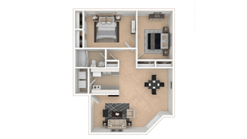 Belleville apartment for rent - A floor plan of a house with a kitchen, living room, and two bedrooms.