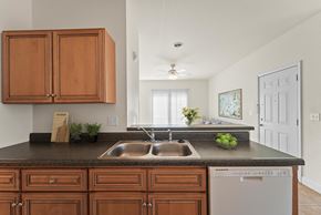 Carbondale apartment for rent - a kitchen with wooden cabinets and a sink