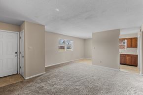 Columbia triplex for rent - A spacious room with a carpeted floor and a door on the left side.