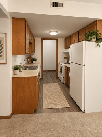 Belleville apartment for rent - A kitchen with a white refrigerator and wooden cabinets.