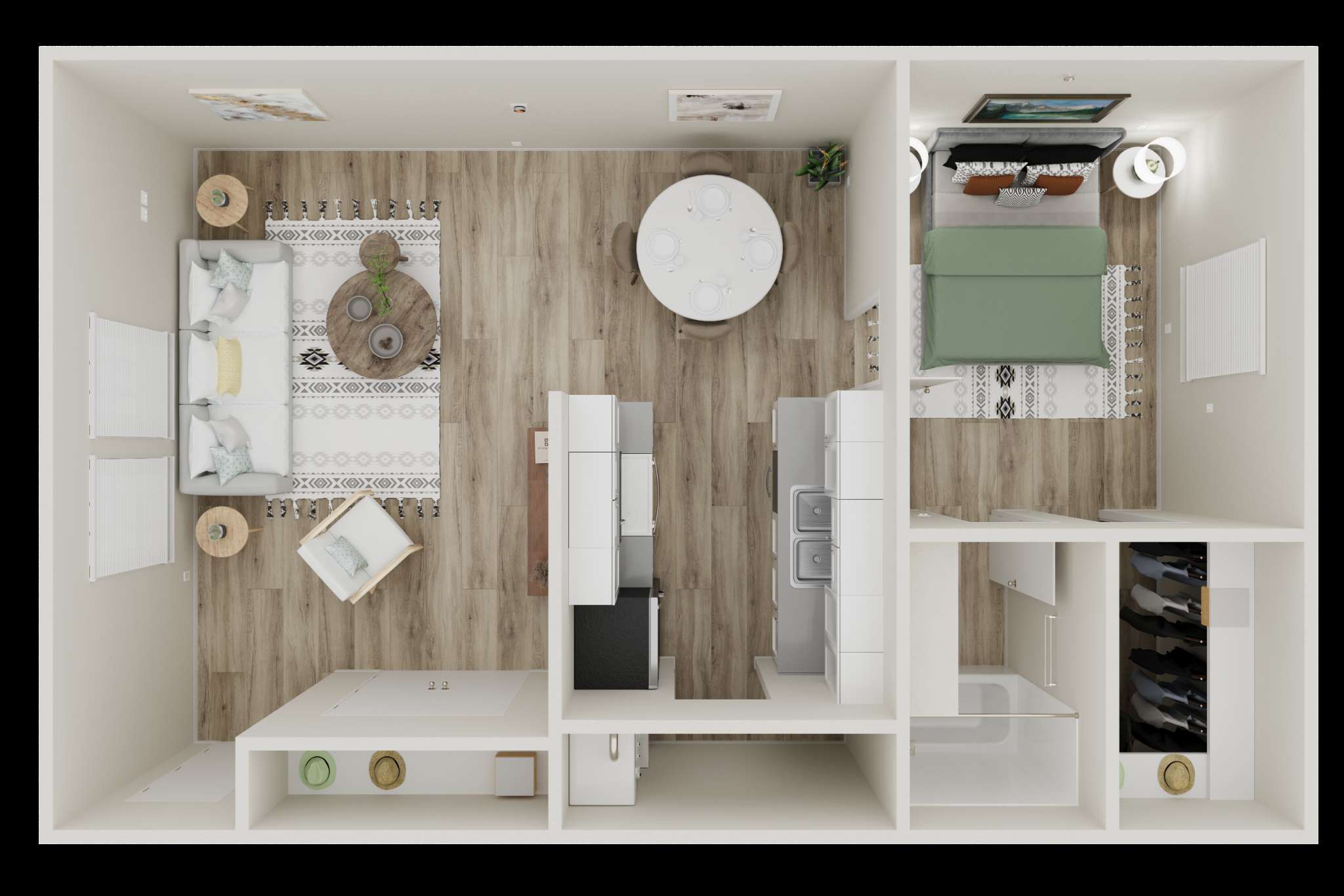 Floor plan for 1 bed, 1 bath, 636 sqft