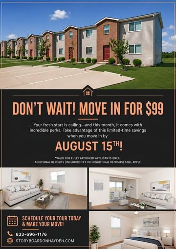 Mascoutah apartment for rent - A real estate advertisement offering a move-in price of $99 with a deadline of August 15th.