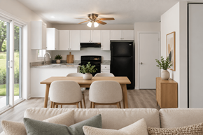 Shiloh apartment for rent - A modern kitchen with a dining table and chairs.