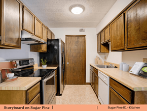 O'fallon apartment for rent - a kitchen with wooden cabinets and a black stove and refrigerator