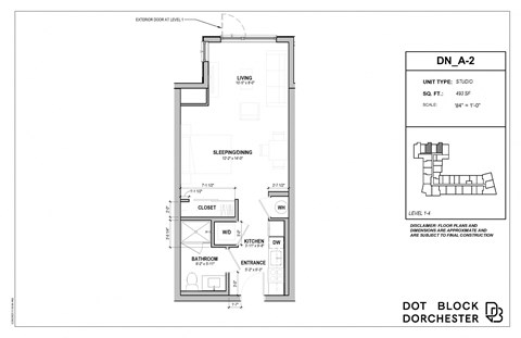 Floor plan for studio, 1 bath, 493 sqft