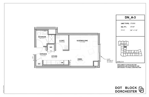 Floor plan for studio, 1 bath, 470 sqft