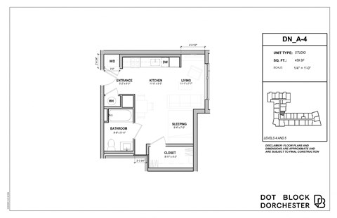 Floor plan for studio, 1 bath, 459 sqft