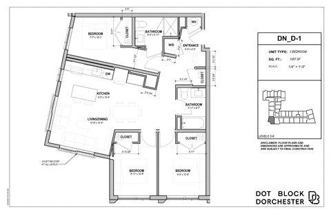 Floor plan for 3 beds, 2 baths, 1057 sqft