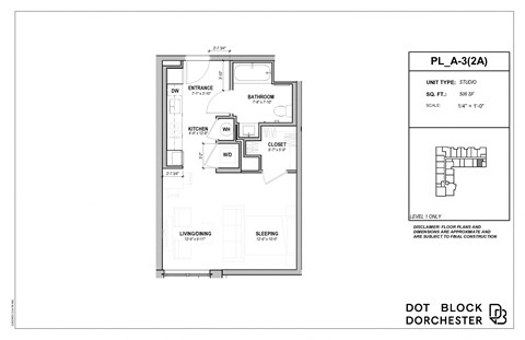Floor plan for studio, 1 bath, 506 sqft