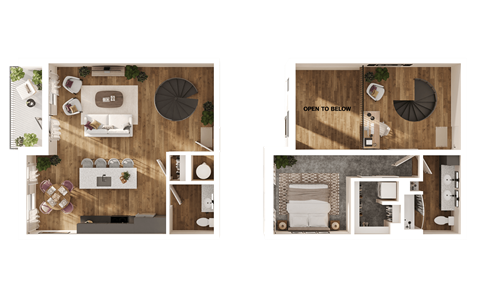 Floor plan for 1 bed, 1.5 baths, 1222 sqft