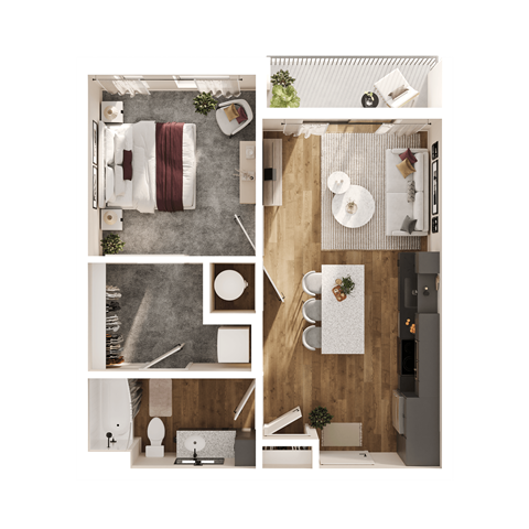 Floor plan for 1 bed, 1 bath, 709 sqft