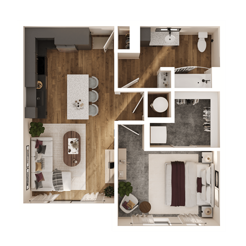 Floor plan for 1 bed, 1 bath, 755 sqft