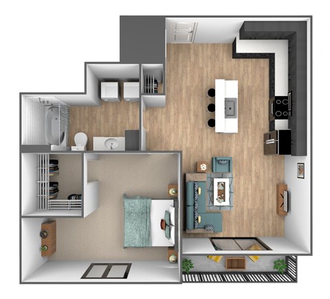 Floor plan for 1 bed, 1 bath, 750 sqft