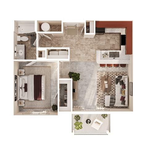 Floor plan for 1 bed, 1 bath, 665 sqft