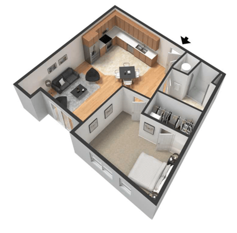Floor plan for 1 bed, 1 bath, 760 sqft