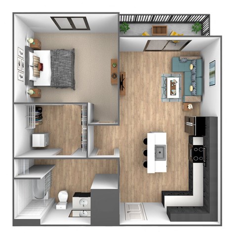 Floor plan for 1 bed, 1 bath, 750 sqft