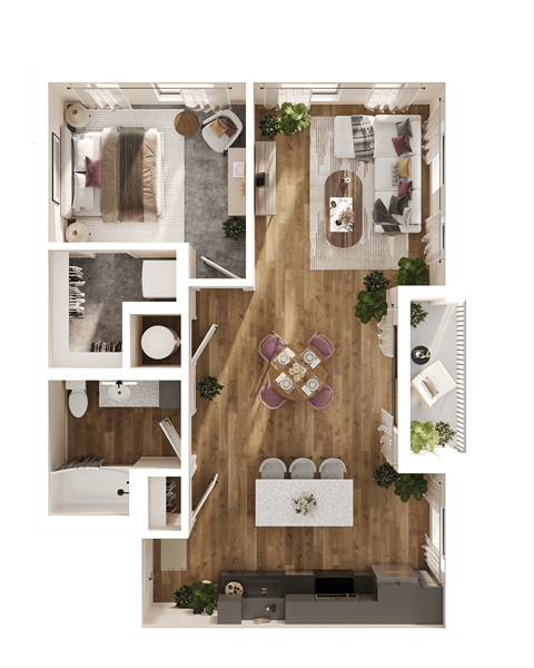 Floor plan for 1 bed, 1 bath, 870 sqft