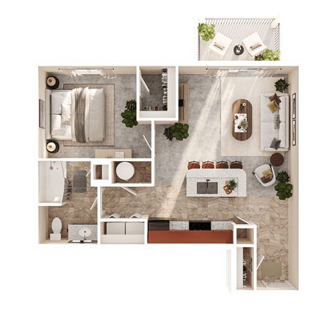 Floor plan for 1 bed, 1 bath, 698 sqft