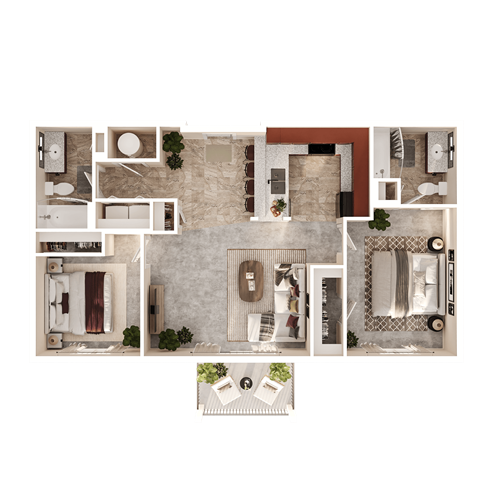Floor plan for 2 beds, 2 baths, 1066 sqft