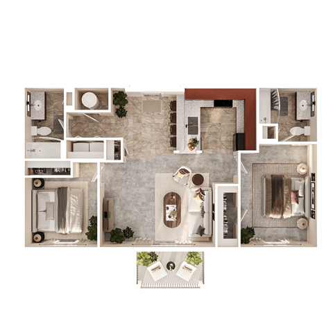 Floor plan for 2 beds, 2 baths, 1380 sqft