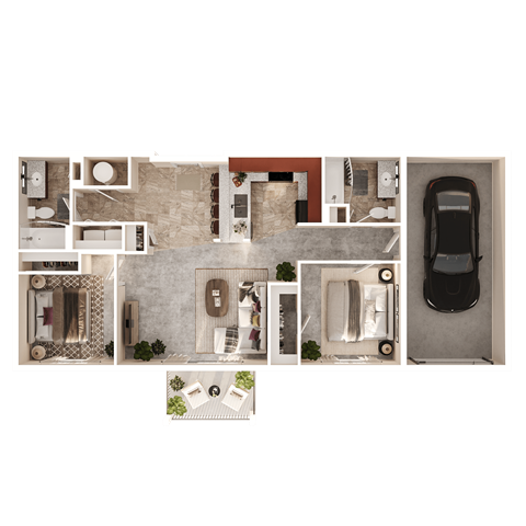 Floor plan for 2 beds, 2 baths, 939 sqft