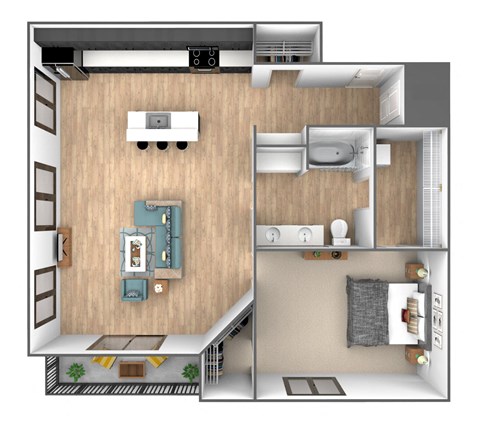 Floor plan for 1 bed, 1 bath, 1000 sqft