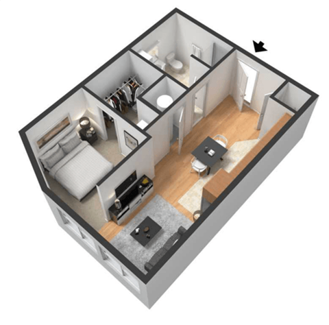 Floor plan for studio, 1 bath, 517 sqft