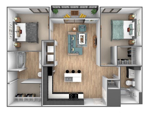 Floor plan for 2 beds, 2 baths, 1030 sqft