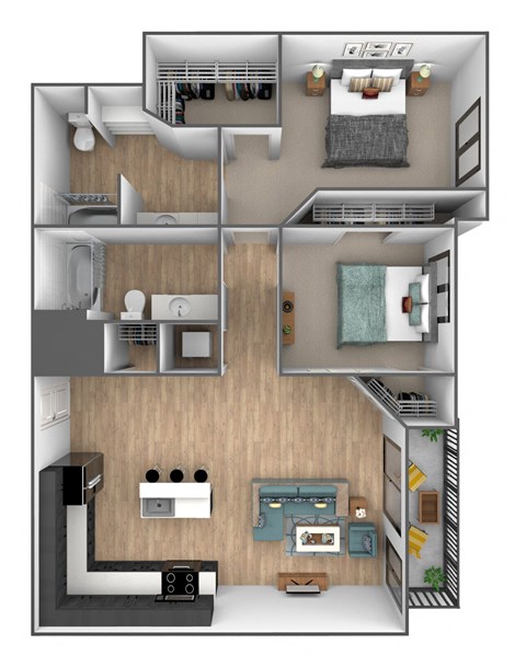 Floor plan for 2 beds, 2 baths, 1050 sqft