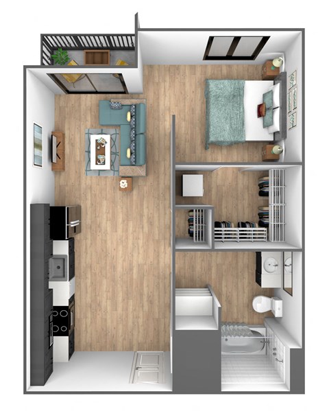 Floor plan for studio, 1 bath, 565 sqft