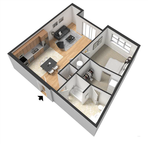 Floor plan for 1 bed, 1 bath, 754 sqft