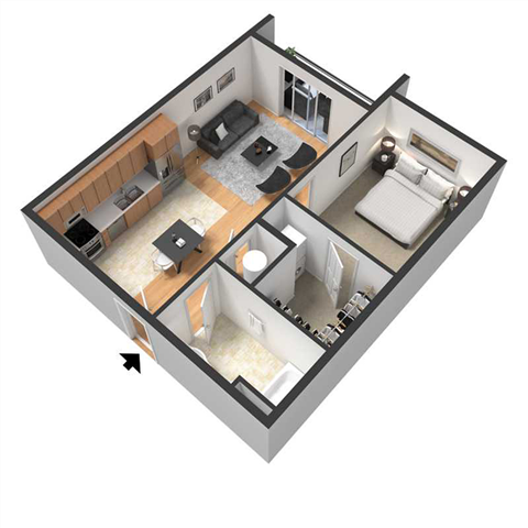 Floor plan for studio, 1 bath, 600 sqft