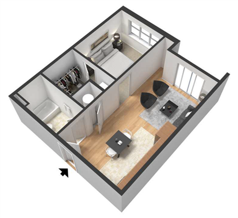 Floor plan for studio, 1 bath, 598 sqft