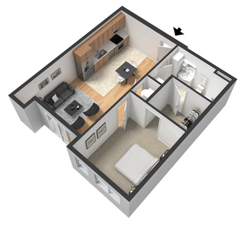 Floor plan for 1 bed, 1 bath, 645 sqft
