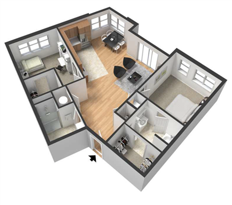 Floor plan for 2 beds, 2 baths, 1038 sqft