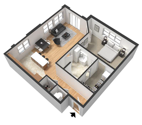 Floor plan for 1 bed, 1 bath, 828 sqft